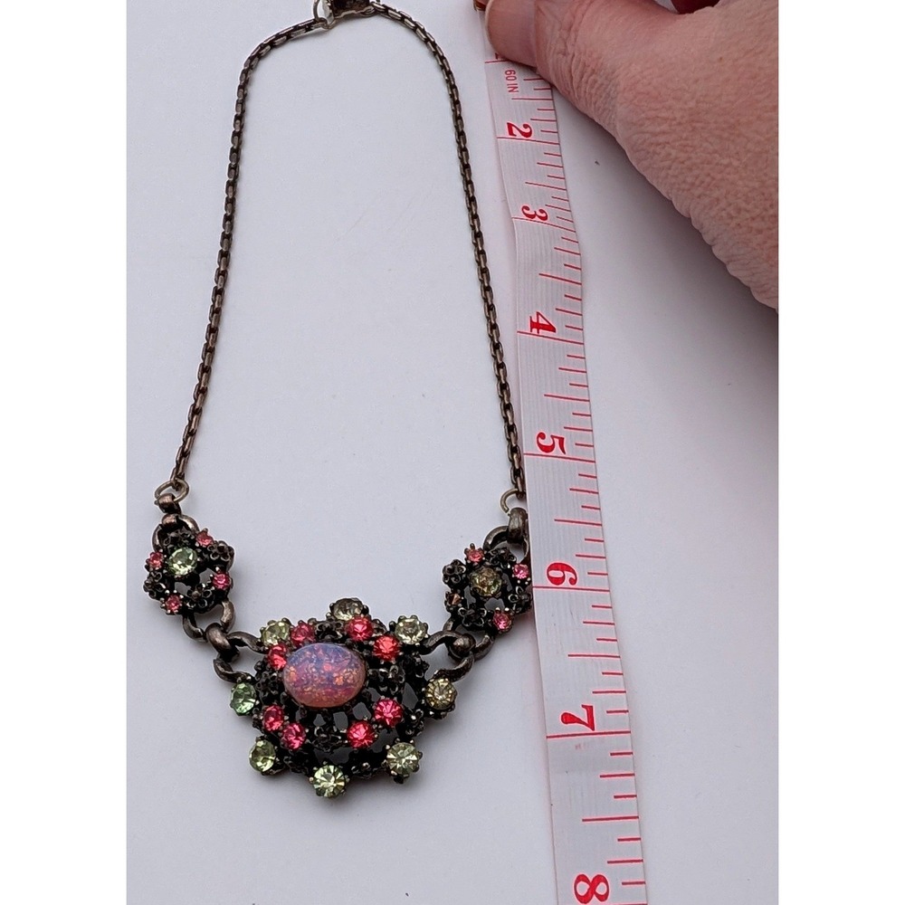 Vintage Coro Faux Opal Rhinestone Necklace Pink Green Floral Silver Tone Retro - Picture 8 of 8